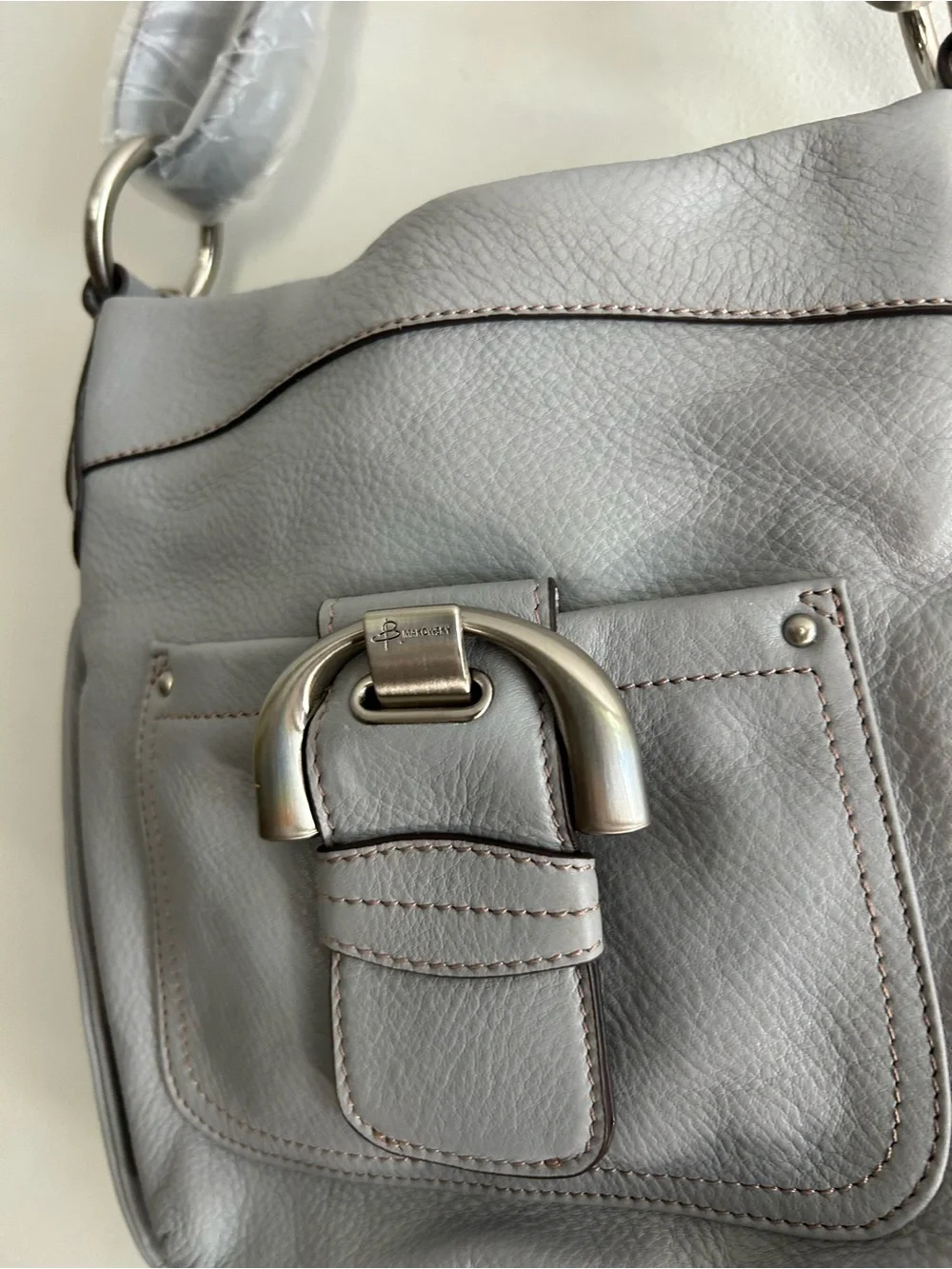B MAKOWSKY Blue/Gray Leather Shoulder Bag with Silver Buckle